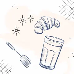 Szkic szklanki, rogalika i łopatki kuchennej na jasnym tle.