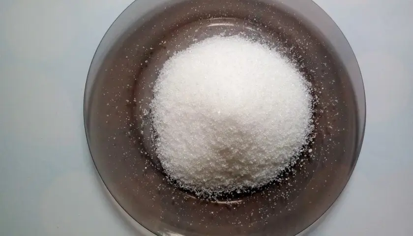 Kopka białego cukru na ciemnym talerzu.