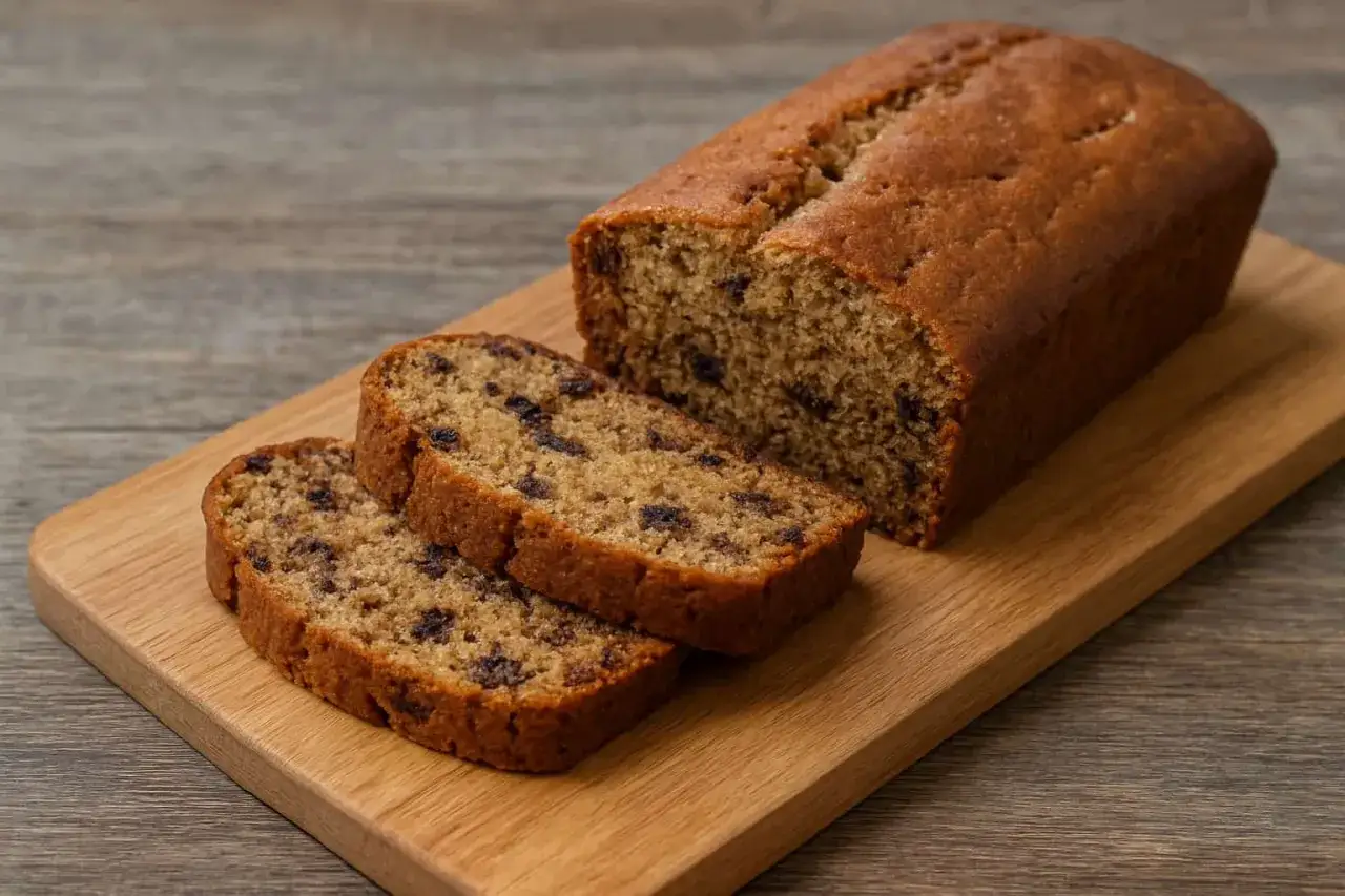 Chlebek bananowy bez glutenu na drewnianej desce